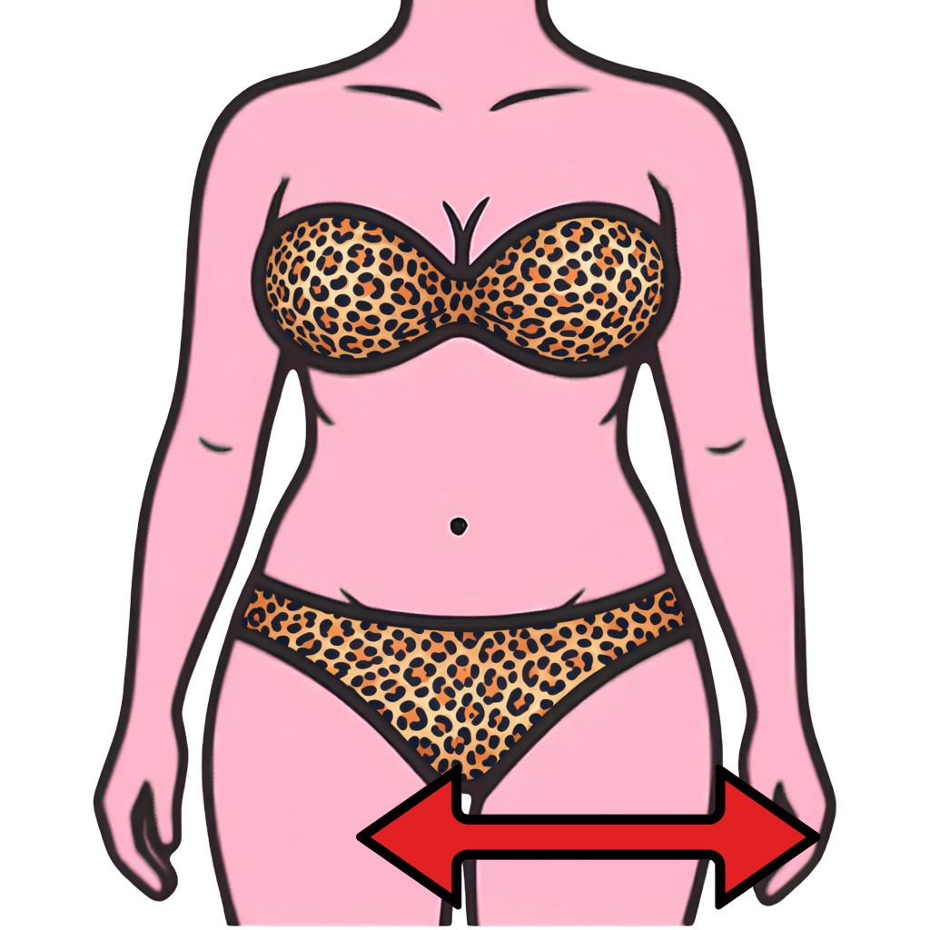 A cartoon illustration of a woman wearing leopard print bra and underwear, with a red measuring tape around her upper thigh.