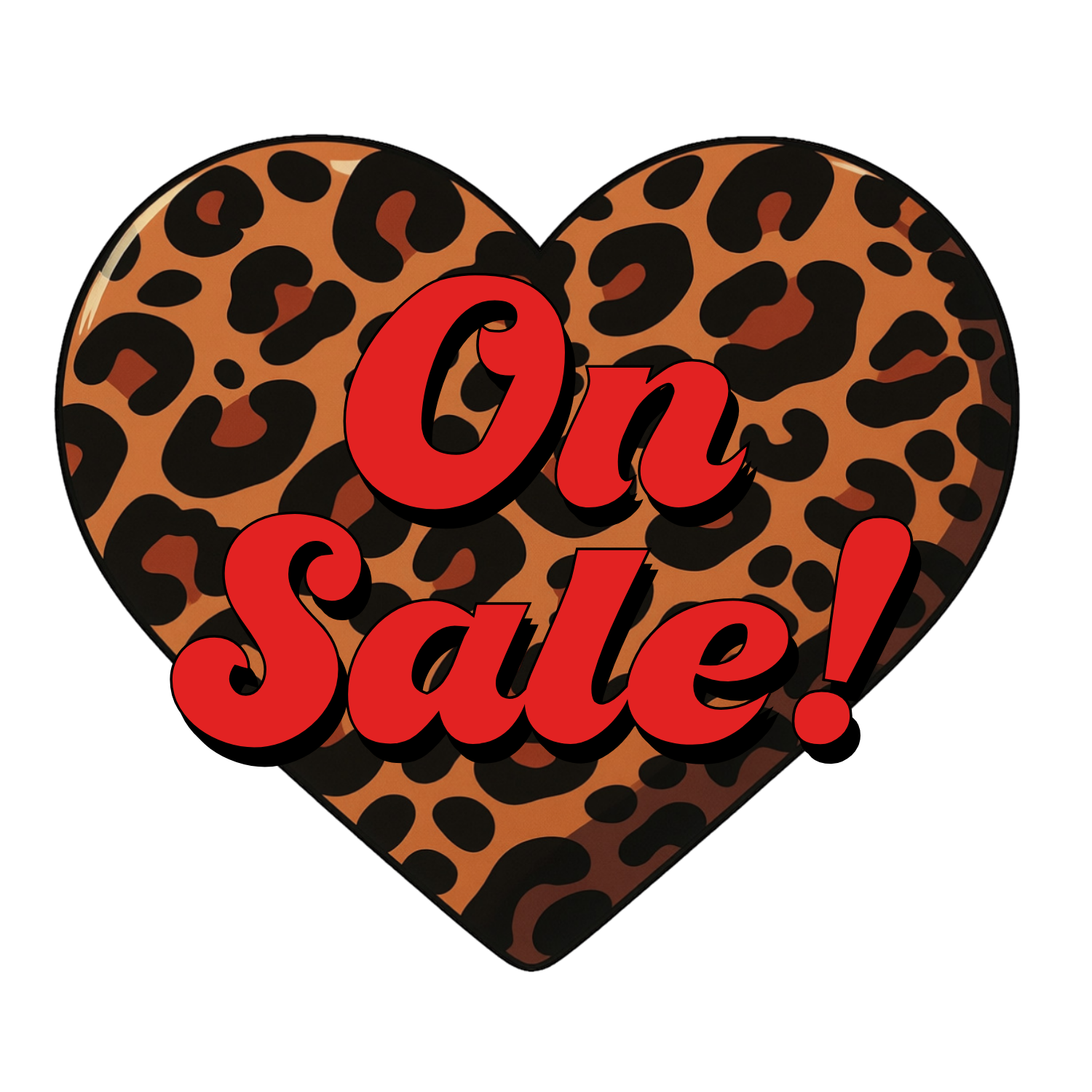 A heart-shaped object with a leopard print pattern and bold red text that reads 'On Sale!'