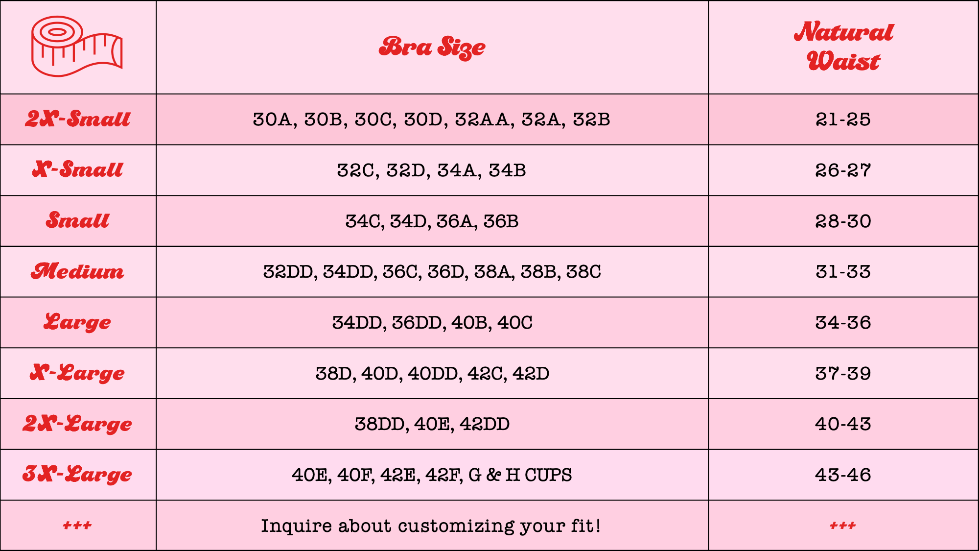 Size chart for bras on a pink background, with measurements for various cup and band sizes, including instructions to inquire about customizing fit.