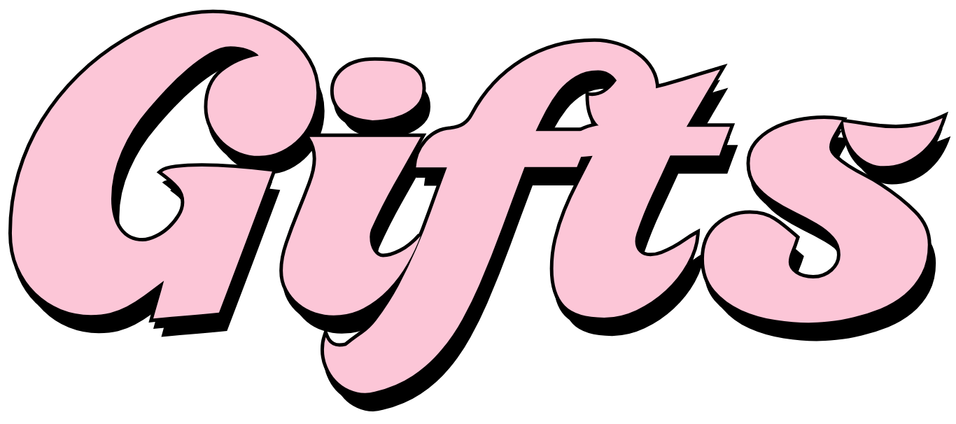 Stylized pink Gothic lettering spelling “Gifts” on a black background