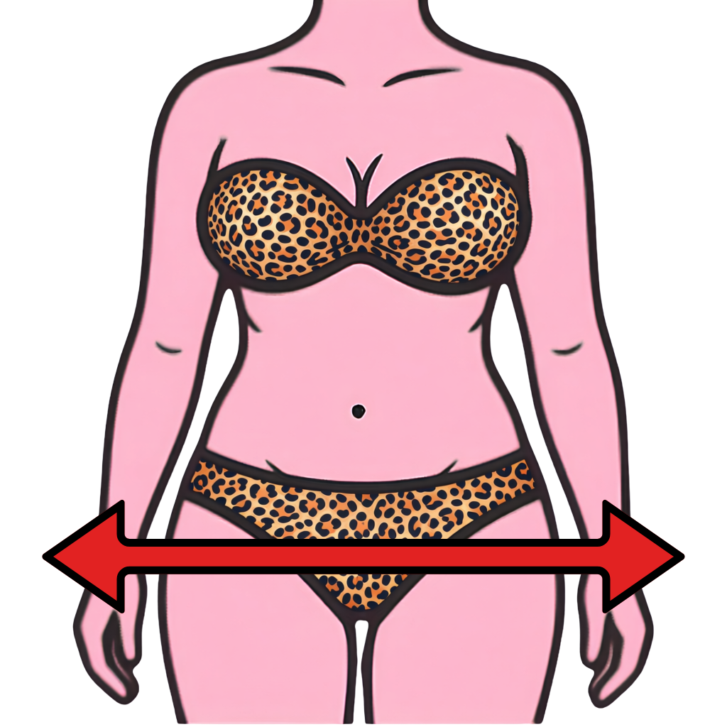 A cartoon illustration of a woman wearing leopard print bra and underwear, with a red measuring tape around her hips.