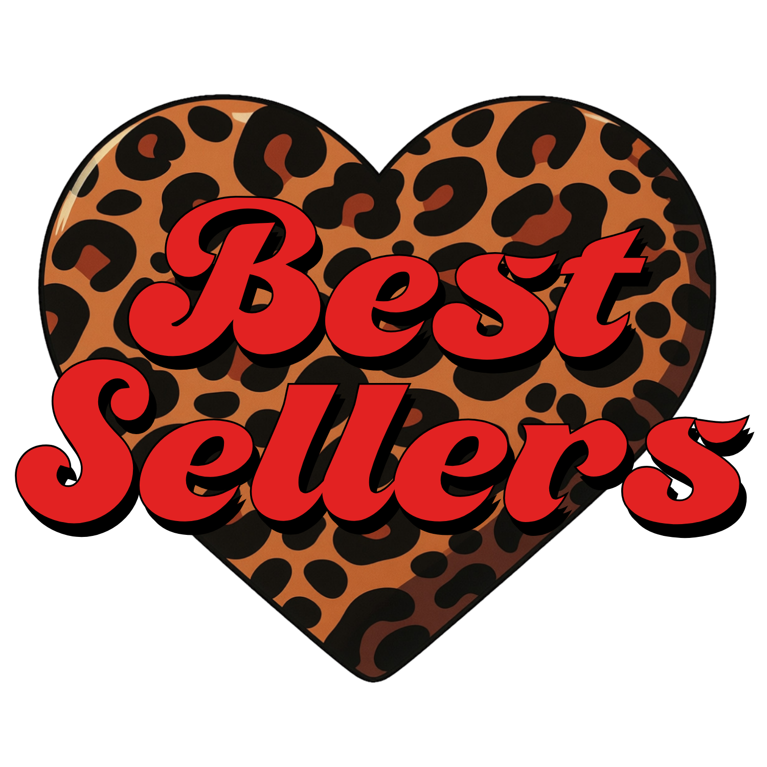 A heart-shaped background with a leopard print pattern over a black background, with the words 'Best Sellers' in bold red cursive font across the center.
