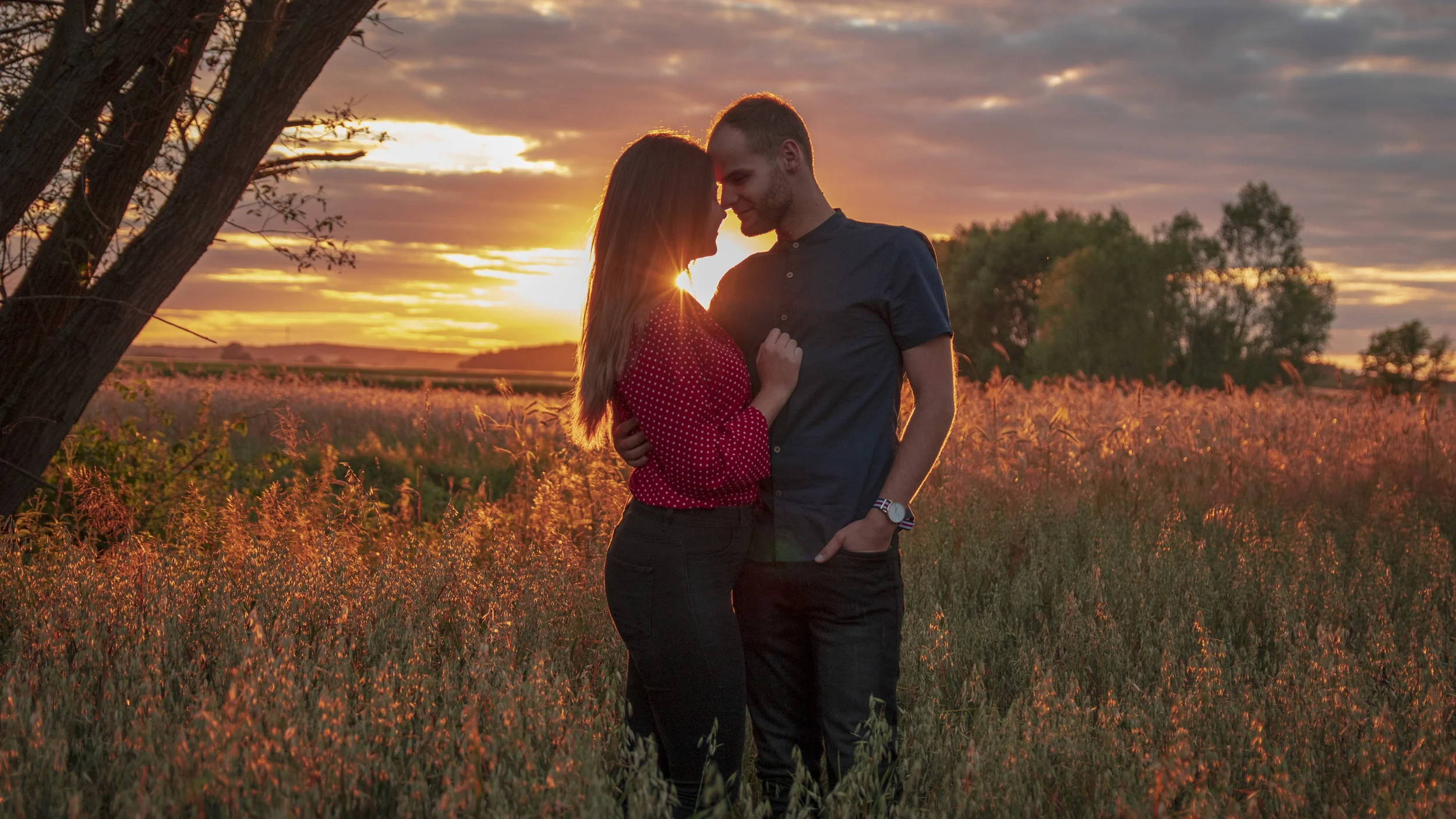 Romantisches Paarfoto bei Sonnenuntergang auf einer Wiese, festgehalten in einem natürlichen und emotionalen Moment.
