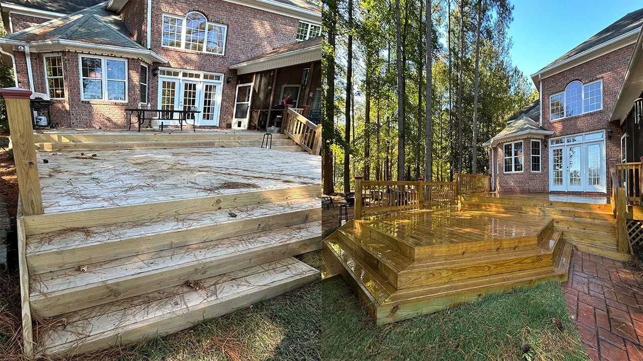 Side-by-side comparison of a backyard deck under construction on the left with unfinished wood and dirt, and a completed, stained wooden deck on the right with a surrounding wooden railing, attached to a brick house with large windows.