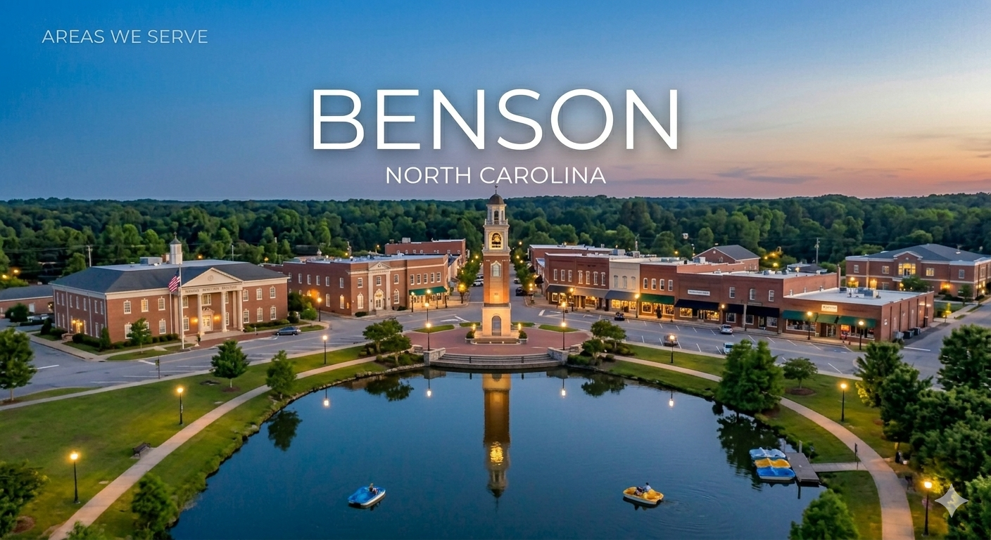 Aerial view of the town square in Benson, North Carolina, at dusk, with a clock tower in the center, surrounding brick buildings with shops, a small pond with pedal boats, and trees and street lamps.