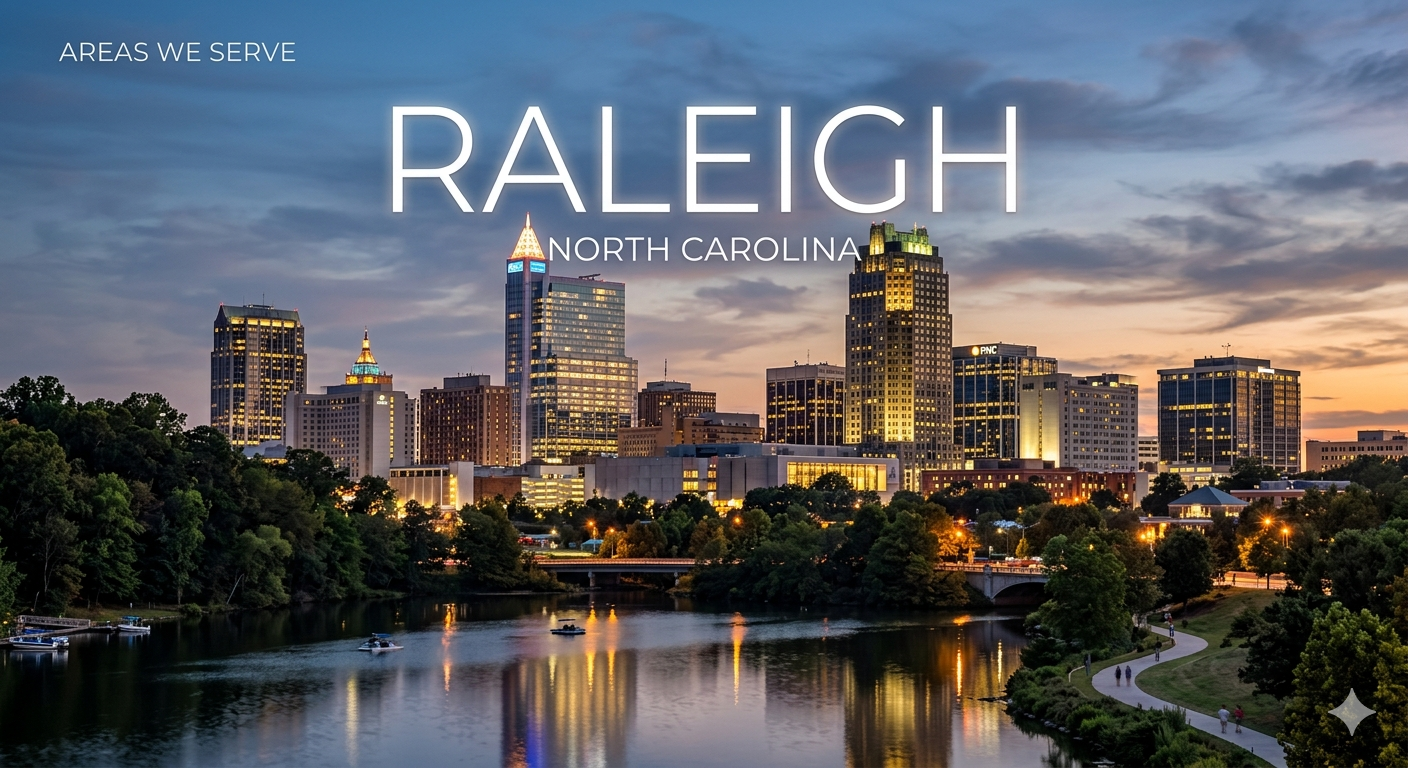 City skyline of Raleigh, North Carolina at sunset with tall buildings, a river, and a park with walking people in the foreground.