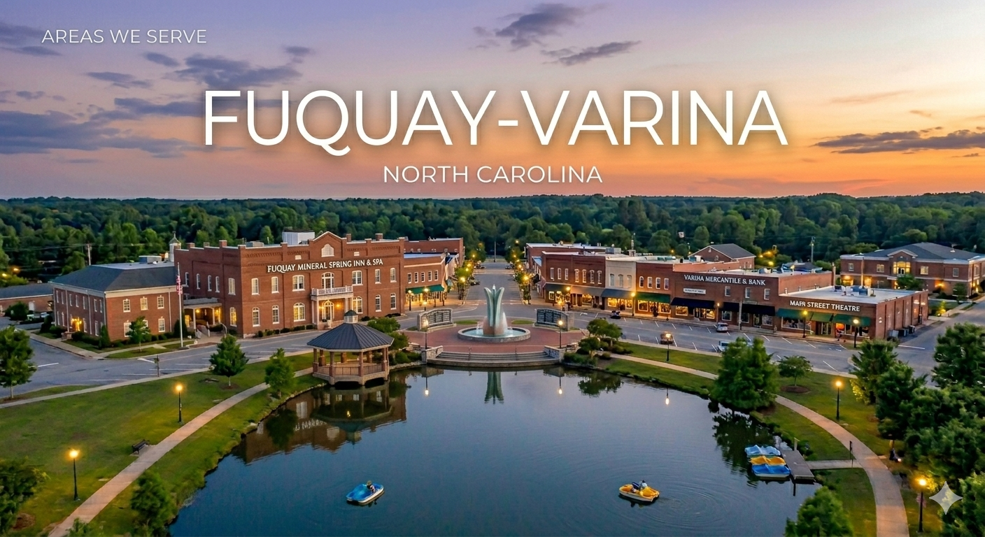 Aerial view of Fuquay-Varina, North Carolina, featuring a small lake with two paddle boats, a gazebo, a fountain, and a town square with brick buildings and storefronts at sunset, with green trees and hills in the background.