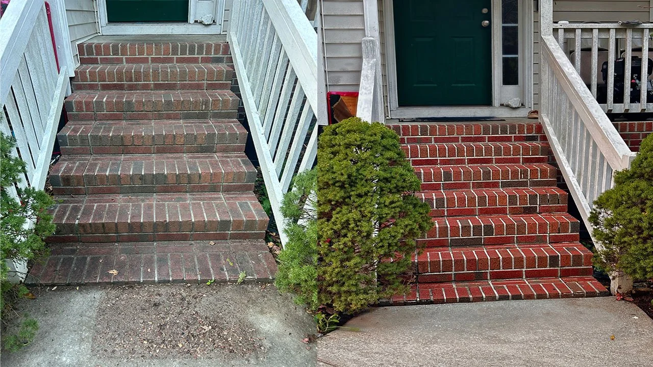 Side-by-side comparison of a brick porch staircase before and after cleaning or renovation. The left side shows a worn, dirty brick staircase with some debris and moss, while the right side shows a cleaner, brighter brick staircase with fresh paint and well-maintained bushes.