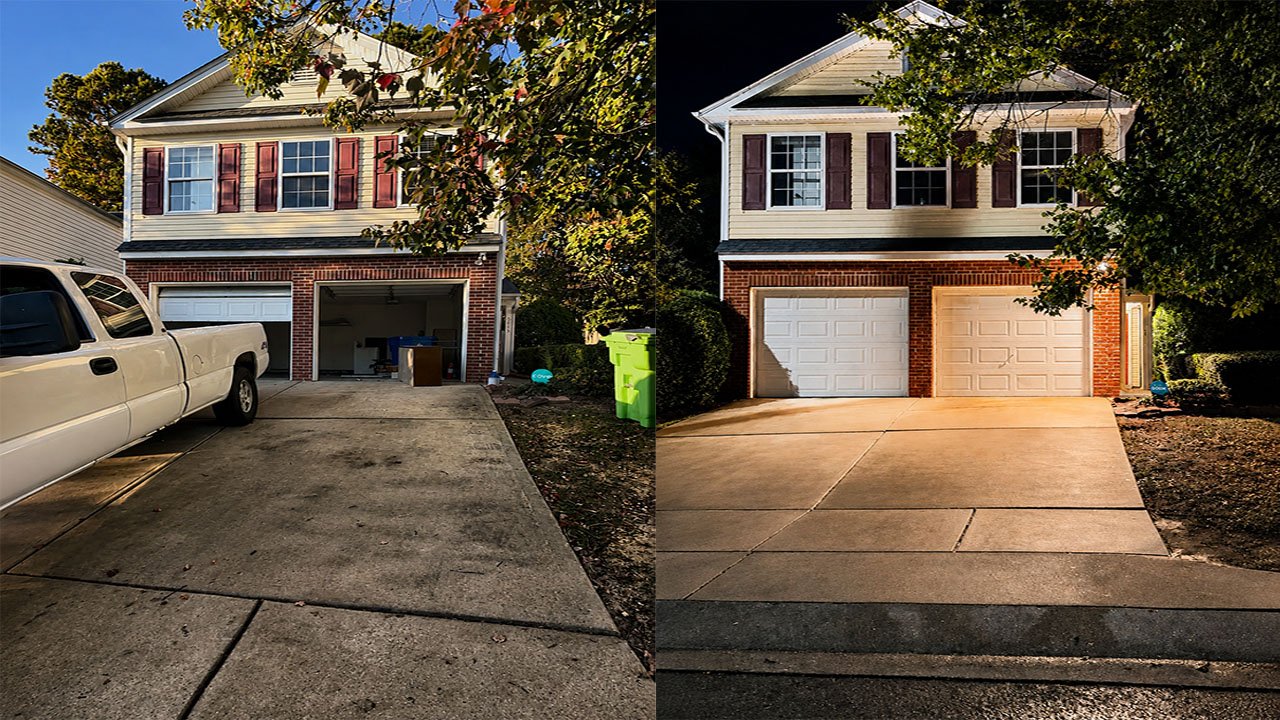 Side-by-side comparison of a house's driveway, showing before and after a renovation. The left side depicts an older, stained concrete driveway during daylight, with a white truck parked on it, while the right side shows a newly resurfaced, cleaner, and lighter-colored driveway at night.