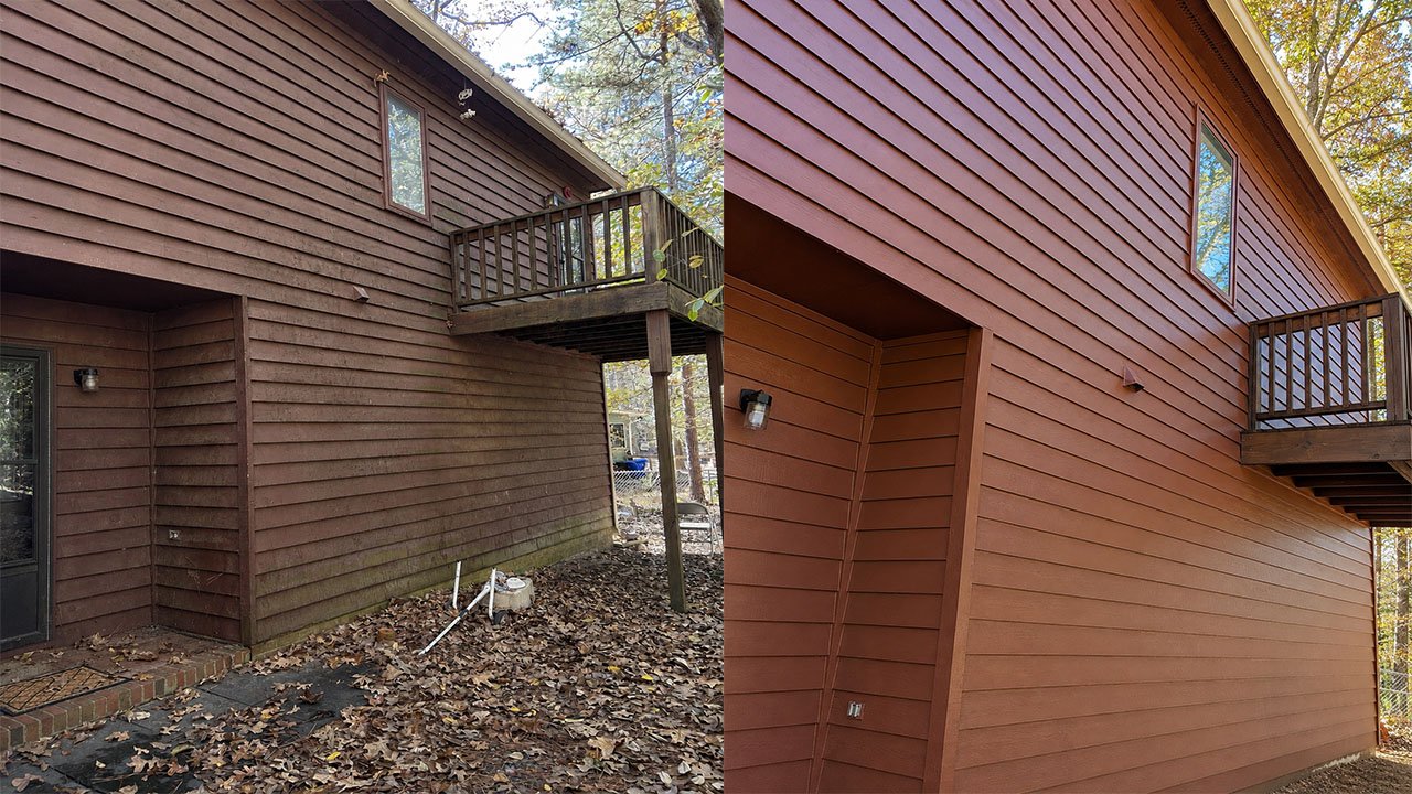 Side-by-side photos of a house exterior showing before and after siding painting. The left image displays a brown wooden house with weathered siding, surrounded by fallen leaves, with some construction tools on the ground. The right image shows the same house after it has been repainted with a vibrant red-brown color, with a clean appearance and maintained siding.