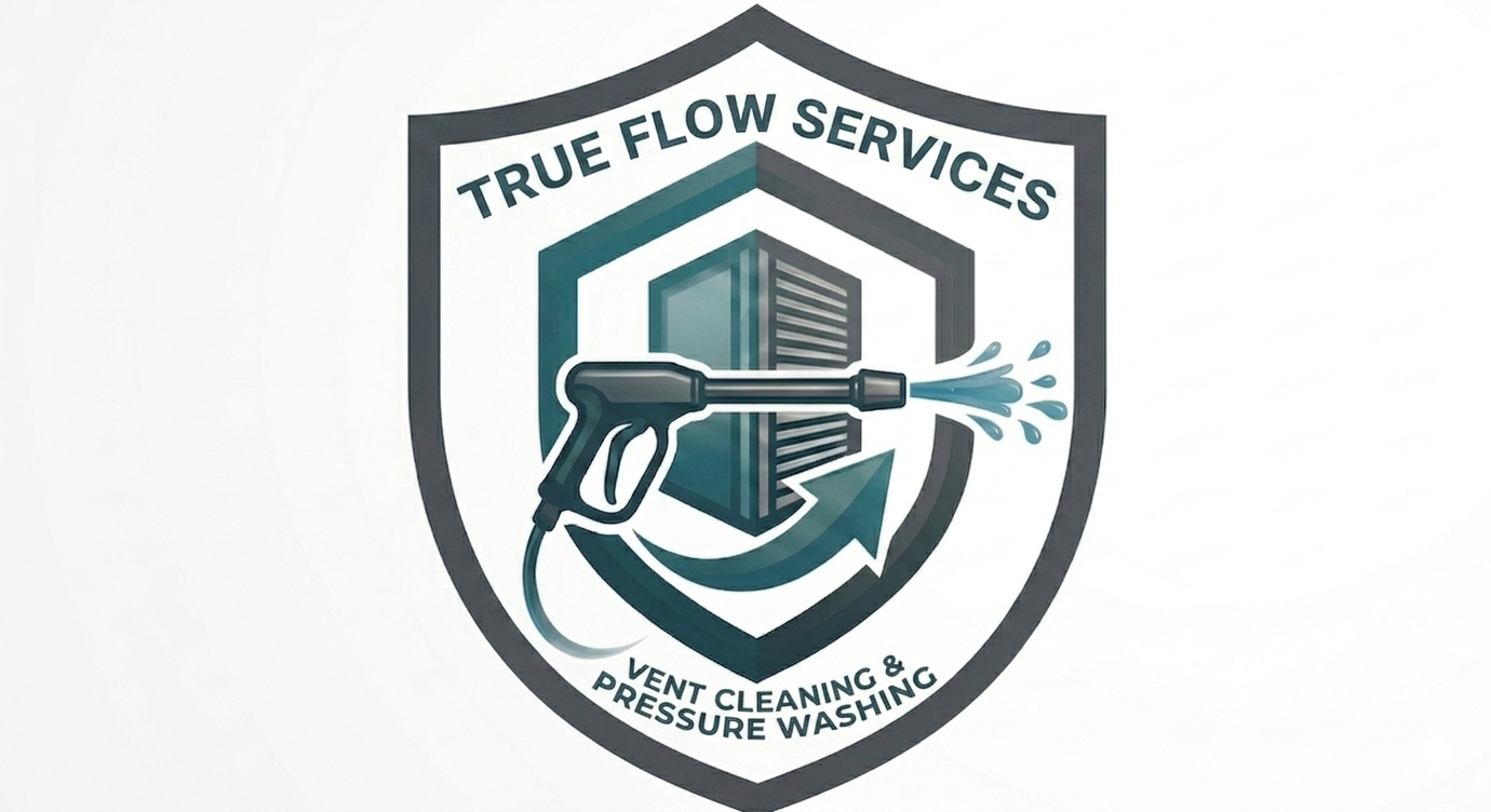 Logo features a shield with a pressure washing spray gun, a building, and an arrow. Text reads "True Flow Services" and "Vent Cleaning & Pressure Washing".