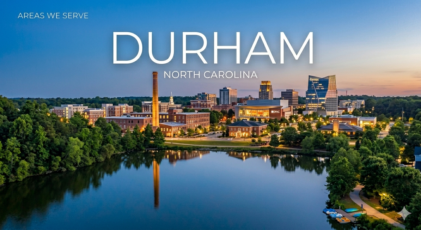 A cityscape of Durham, North Carolina, at dusk featuring a river in the foreground, trees surrounding the river, and a skyline with modern and historic buildings.