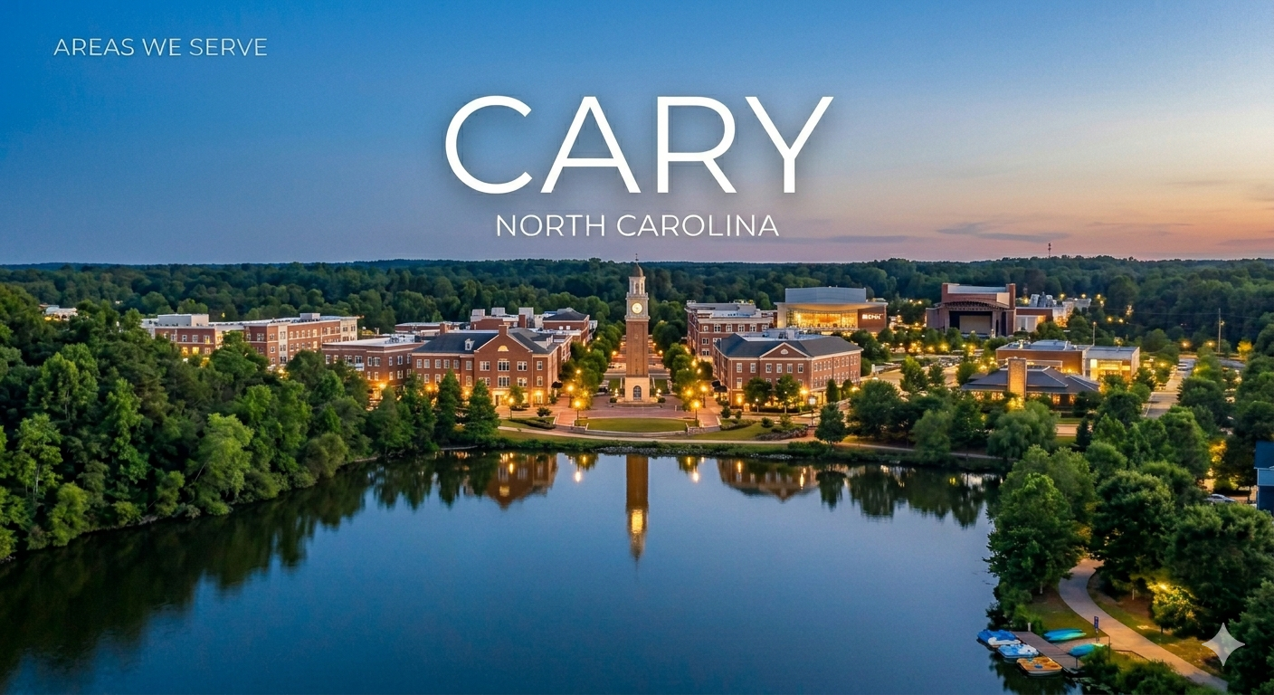 Aerial view of a college campus at sunset with a lake in the foreground and a clock tower in the center, surrounded by illuminated buildings and lush green trees.