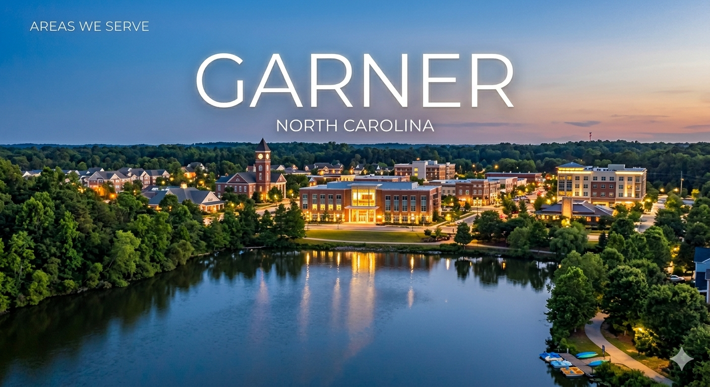 Aerial view of Garner, North Carolina at dusk showing a lake, trees, and lit buildings.