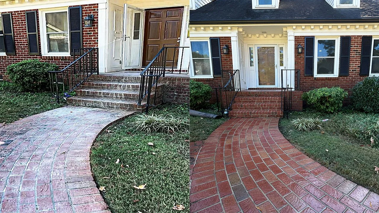 Comparison of two brick walkway and porch stairs before and after renovation. The left side shows old, weathered, worn-out bricks with chipped steps, while the right side displays freshly laid, clean, and polished bricks with a smooth, curved walk and sturdy steps.