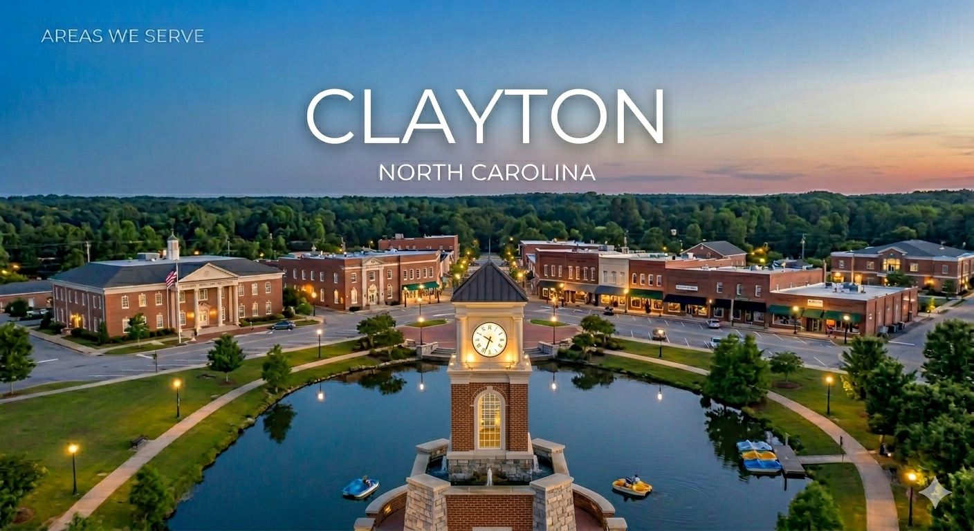 Aerial view of downtown Clayton, North Carolina, at sunset with a clock tower over a pond, surrounded by shops and a green park area.