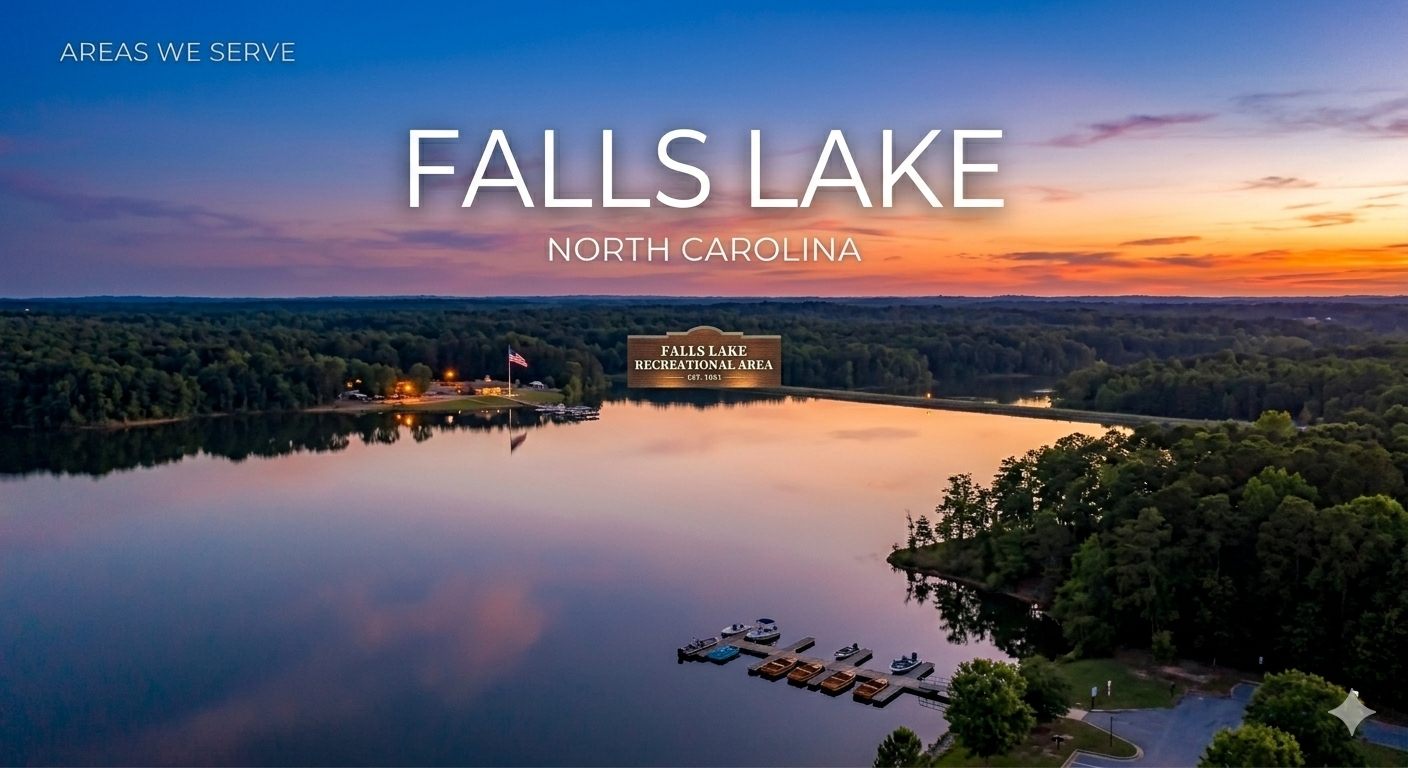 Aerial view of Falls Lake in North Carolina at sunset, with calm water reflecting the sky and trees, a small marina, and a sign indicating the Falls Lake Recreational Area.