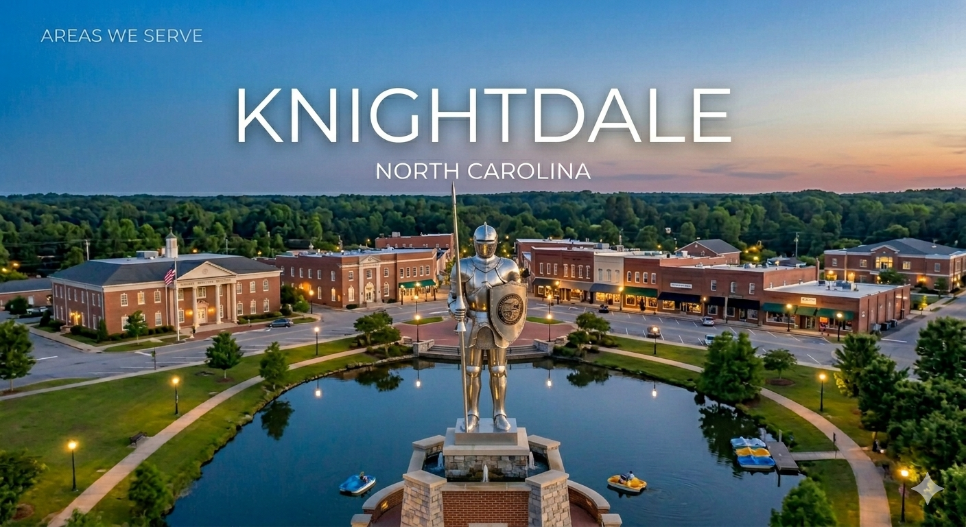 Aerial view of Knightdale, North Carolina with a lake, statue of a knight holding a spear and shield, surrounding buildings, and wooded area in the background during sunset.