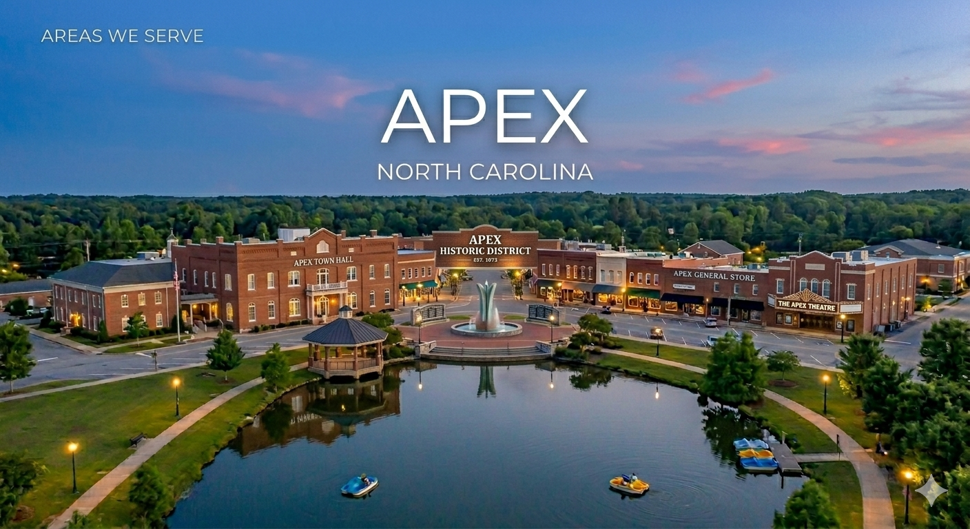 An aerial view of the historic downtown area in Apex, North Carolina, featuring a brick town hall, a fountain in a pond with small boats, a gazebo, and a row of shops including the Apex General Store and the Apex Theatre, with a backdrop of green tre