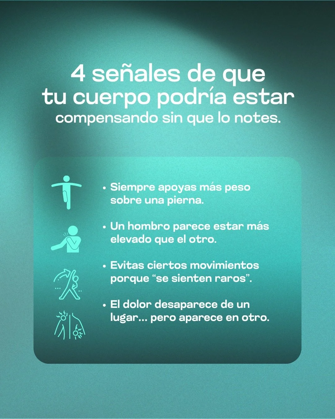 🚨🦴 4 se&ntilde;ales de que tu cuerpo podr&iacute;a estar compensando sin que lo notes. 

1️⃣ Siempre apoyas m&aacute;s peso sobre una pierna 🦵
2️⃣ Un hombro parece estar m&aacute;s elevado que el otro 🪞
3️⃣ Evitas ciertos movimientos porque &ldqu