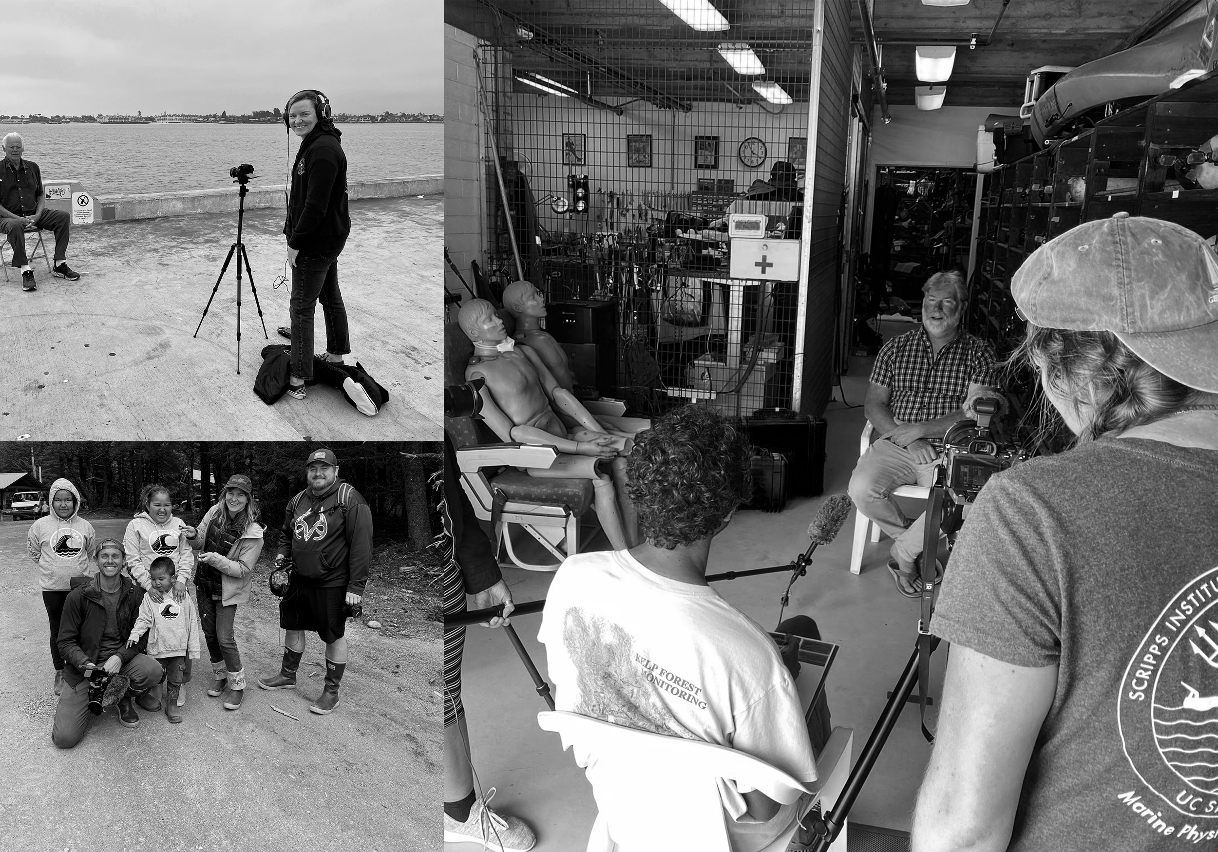 People participating in outdoor and indoor activities, including filming, photographing, and examining medical mannequins, in a coastal and a wooded area.
