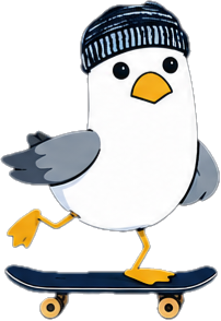 A cartoon penguin wearing a knitted cap skateboarding.