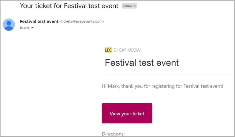 Screenshot of an email confirmation for a festival test event ticket, including a button labeled 'View your ticket' and a message thanking the recipient for registering.