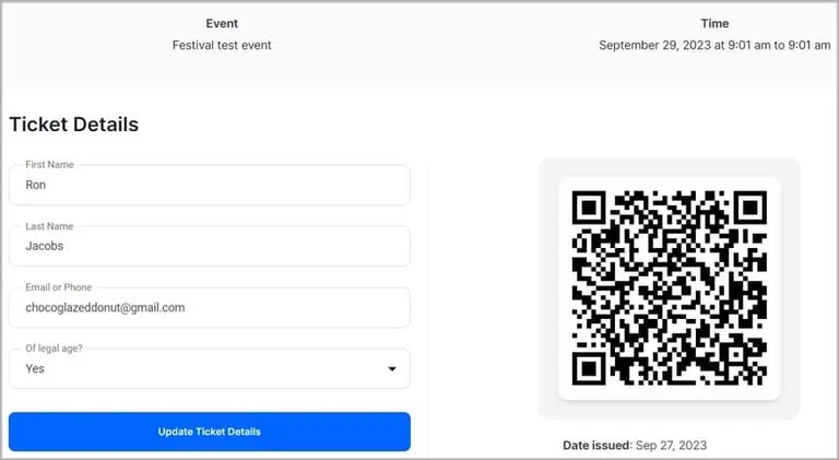 Online event ticket form displaying festival test event details, including name, email, legal age confirmation, QR code, date issued, and timestamp.
