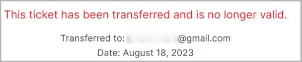 A digital train ticket indicating it has been transferred and is no longer valid, with a partially obscured email address and the date August 18, 2023.