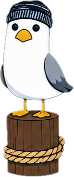 Cartoon penguin wearing a blue knit hat standing on a wooden stump tied with rope