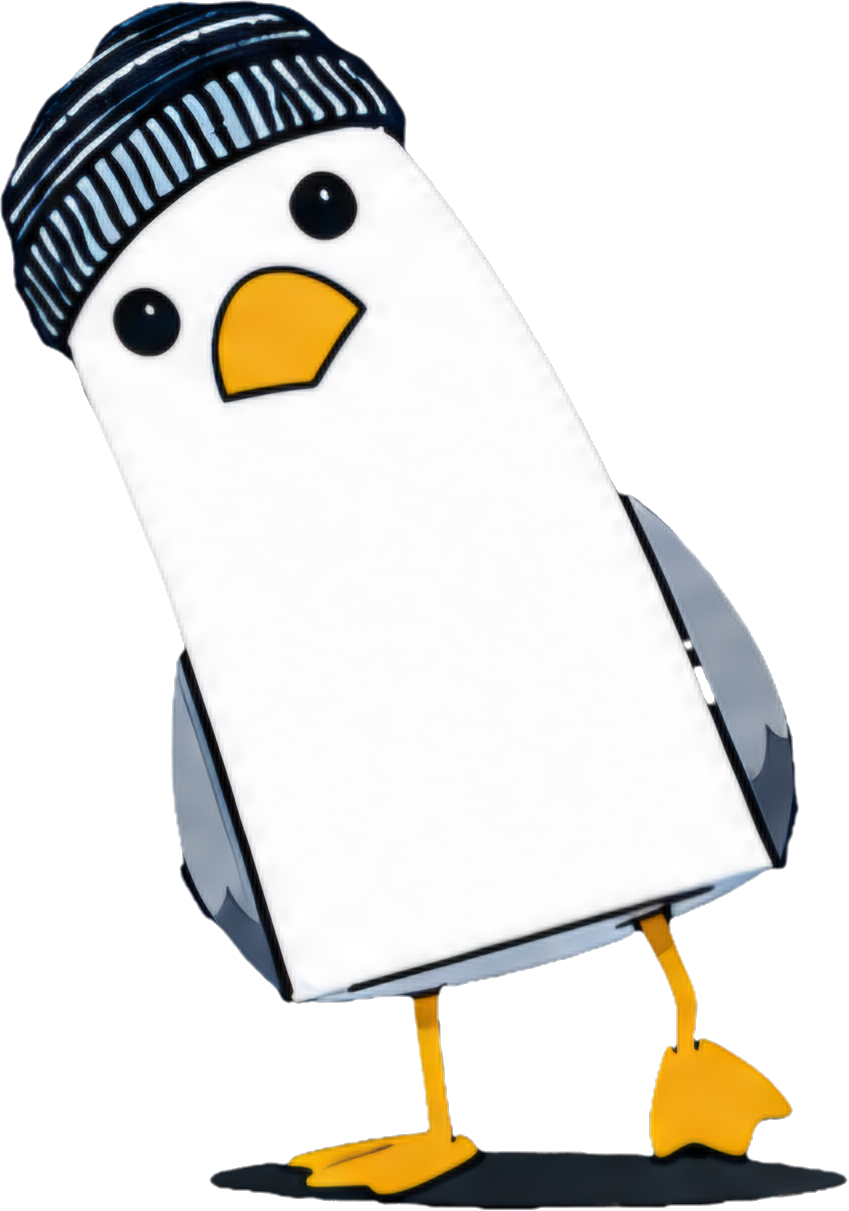 Cartoon penguin wearing a black and white striped beanie hat with a white background.