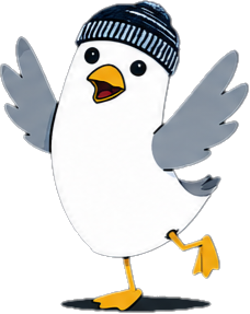 A cartoon penguin wearing a blue winter hat with white stripes, standing on a black surface with its wings raised.