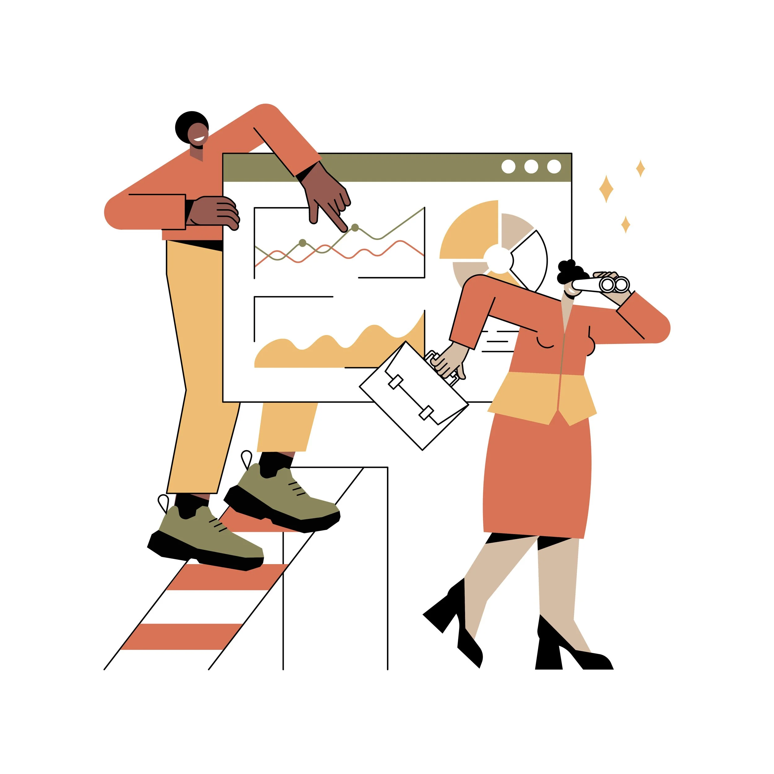 Illustration of two women analyzing data on screens, with graphs and charts, in a professional setting.