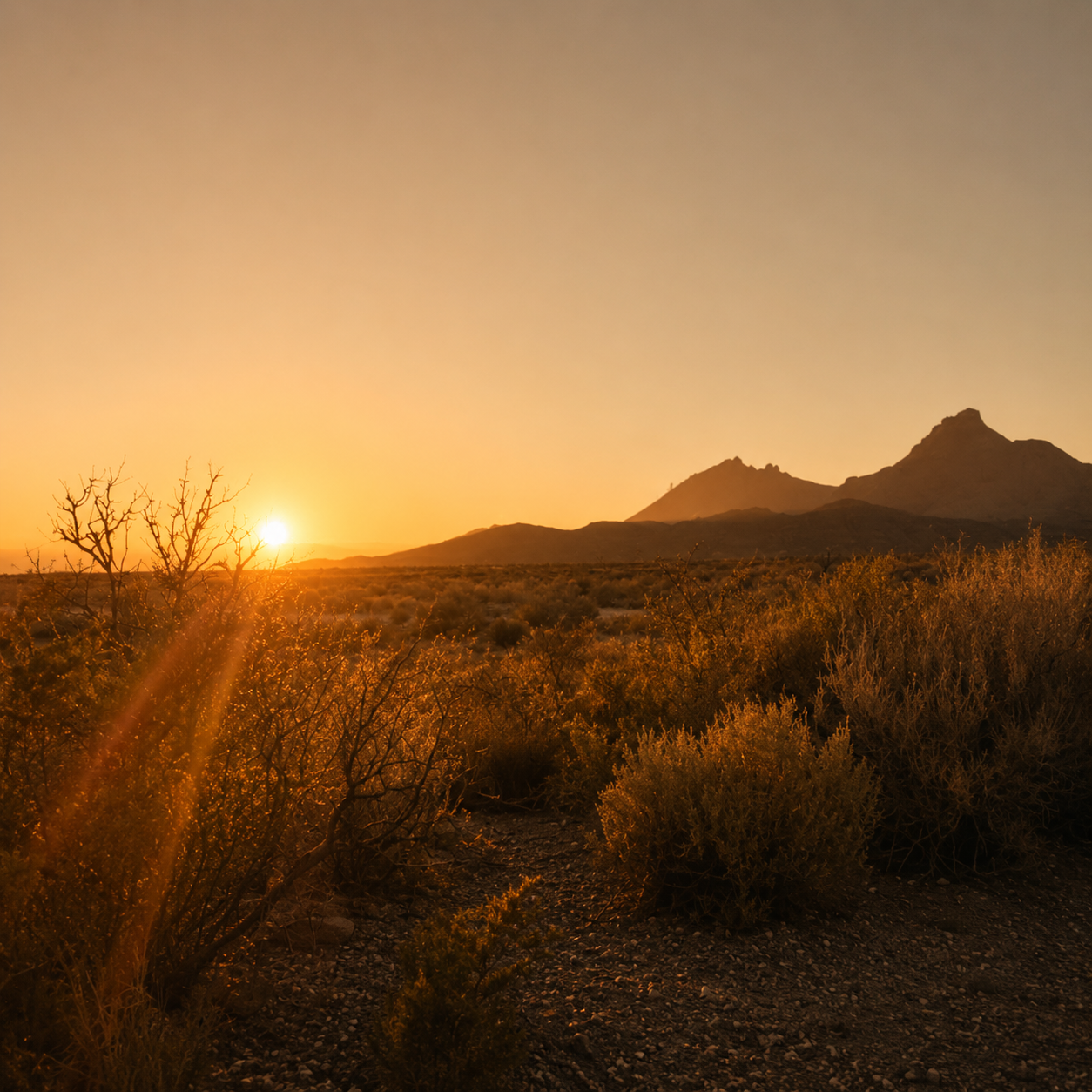 Sunset over a desert landscape with mountains in the background, barren trees, and dry bushes in the foreground.