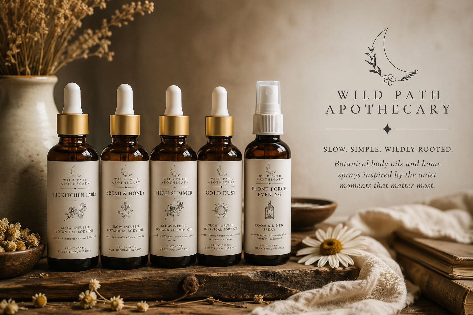 Five brown glass bottles with white labels and gold caps arranged on a wooden surface, labeled as botanical body oils and sprays from Wild Path Apothecary, with dried flowers and a plant in the background.