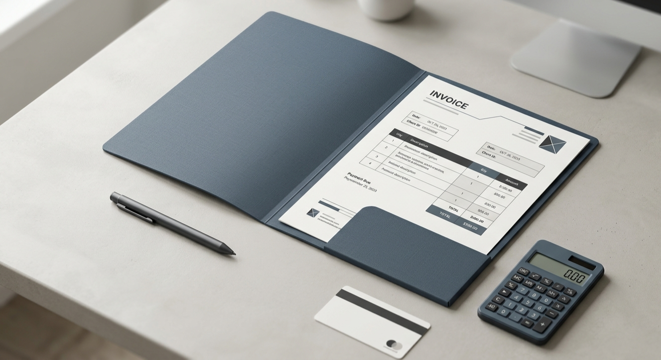 Open blue folder with invoice inside, black pen, calculator, blank credit card, and white cup on a white desk.