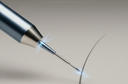 An electrolysis probe touching a hair, used for a procedure, with a neutral background.