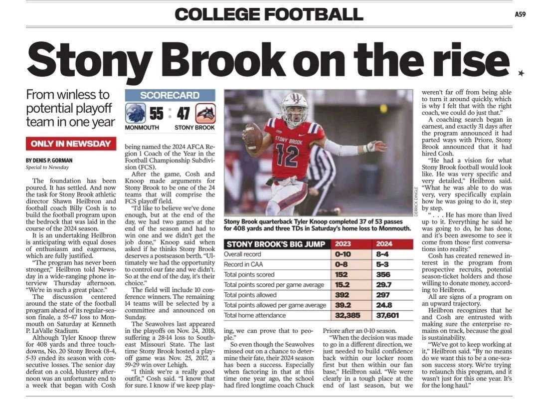 Newspaper sports article about college football, focusing on Stony Brook's recent performance and coach's perspective, including a photo of a Stony Brook quarterback in a red uniform.