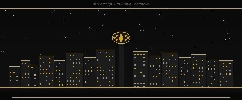 Night cityscape with illuminated buildings, stars, and a central Spinning Wheel logo at the top.