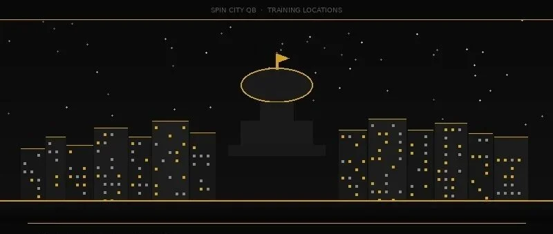 Stylized digital drawing of a city skyline at night with illuminated windows, a central monument with a yellow flag, and a dotted circle above it, labeled 'Spin City QB - Training Locations'.