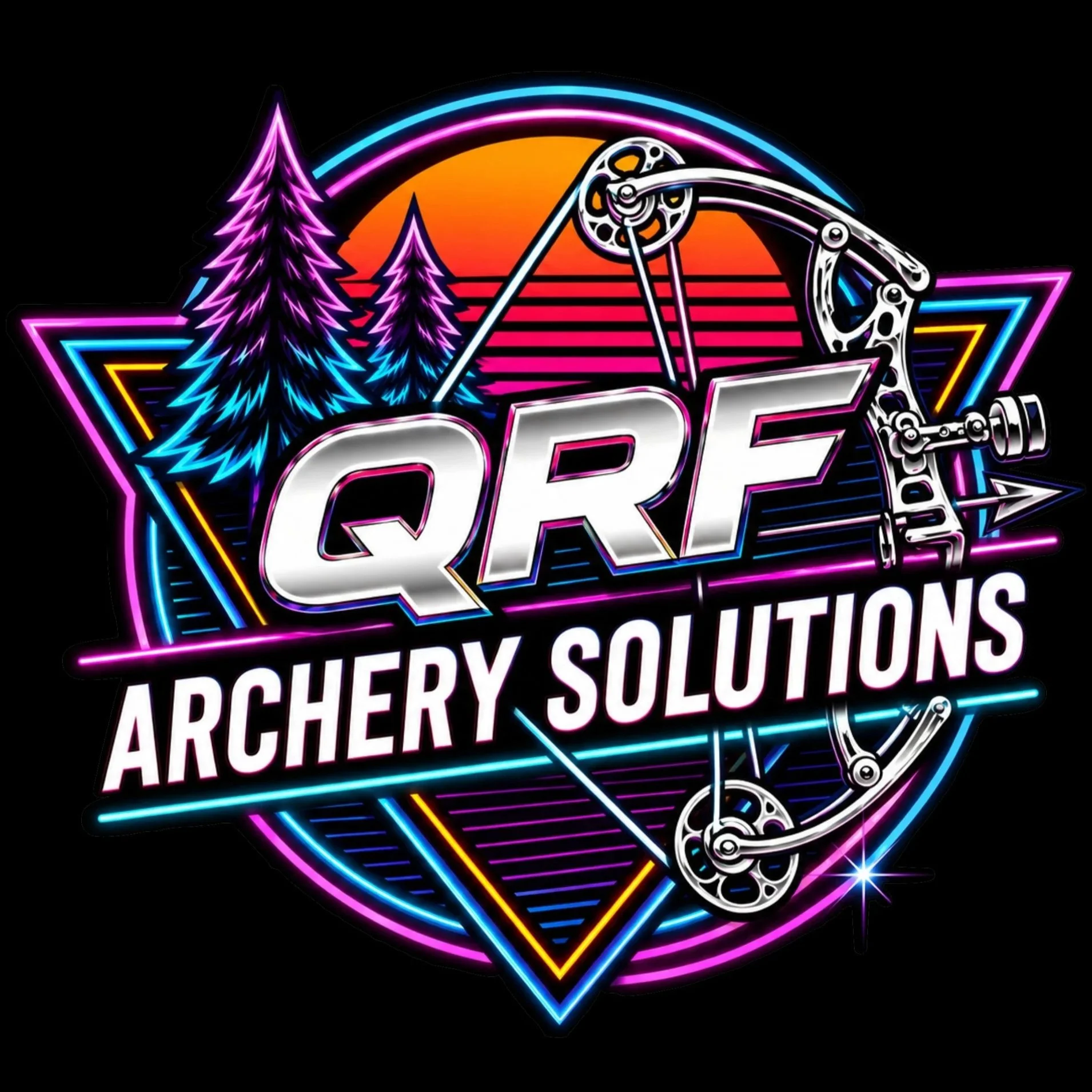 A colorful neon-style illustration featuring a sunset with a gradient orange sky, pine trees in purple and blue, a bicycle chainring and chain, outlined triangular shapes, and glowing lines in pink, blue, yellow, and purple, with the partially visible text 'ARCHERY SOLUTIONS'.