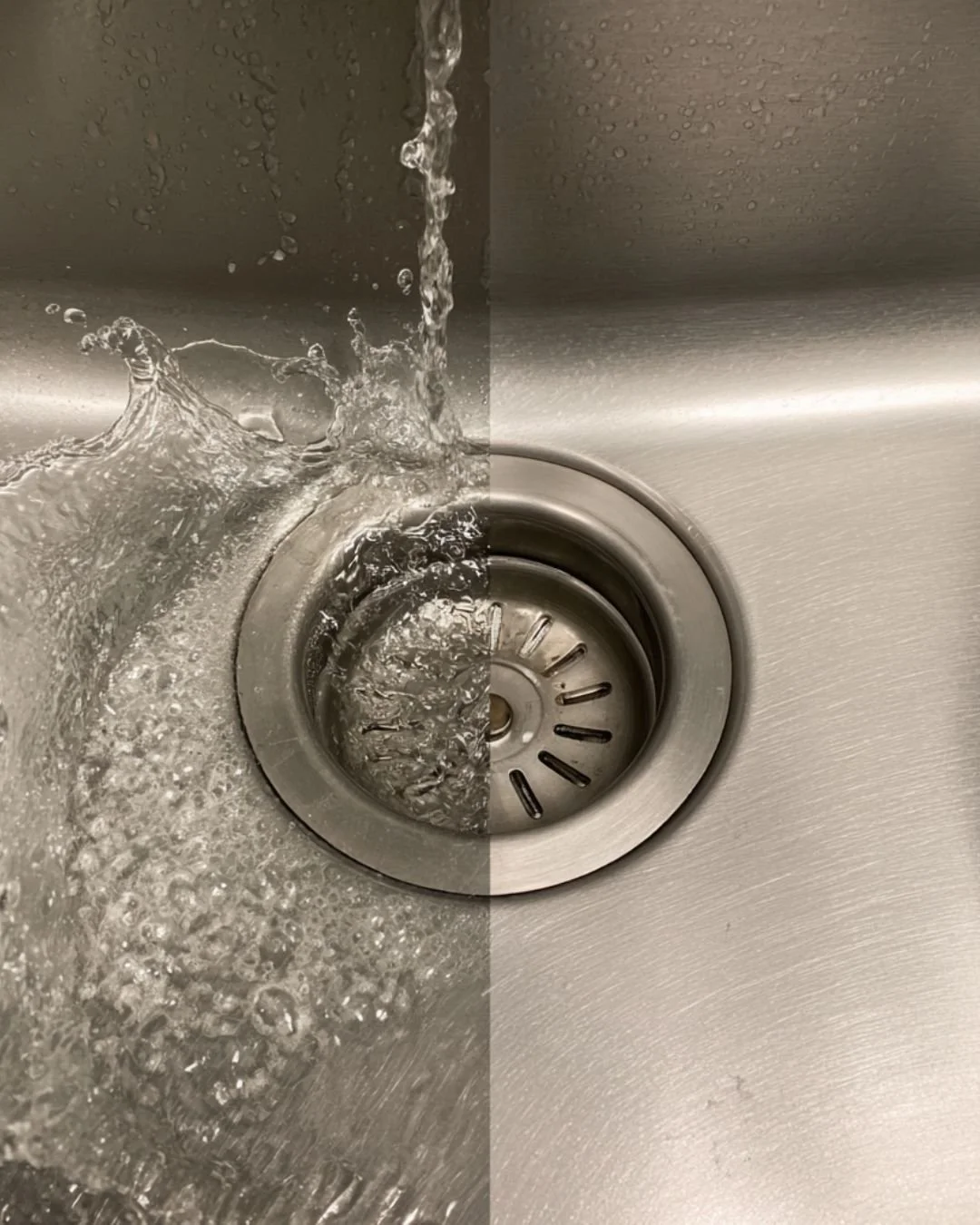 Stainless steel sink with water flowing down the drain, divided into two halves showing different water flow patterns and lighting effects.