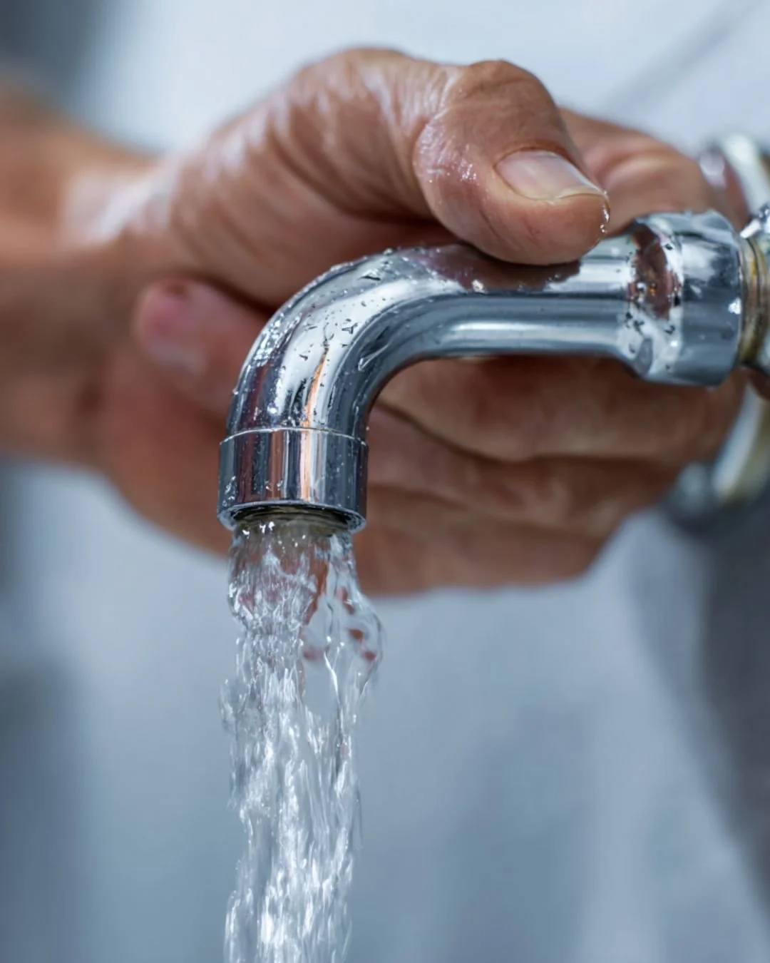 Close-up of an elderly person's hand turning on a kitchen faucet with water flowing out.