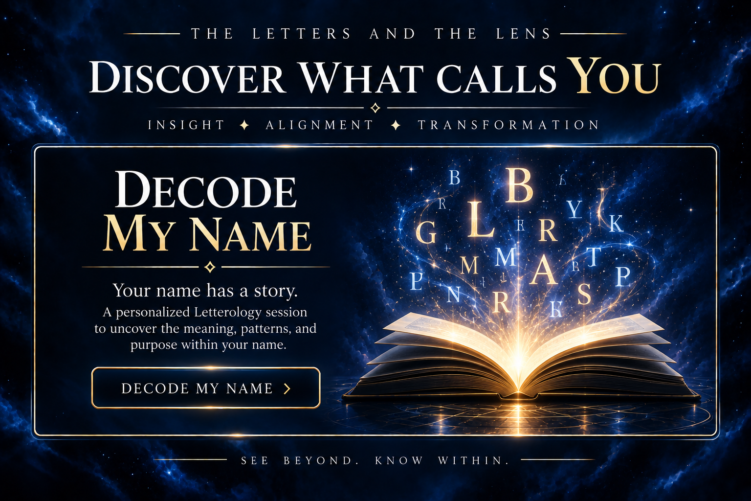 A promotional graphic for a personalized Letterology session titled "Decode My Name," featuring an open book with glowing letters and sparkles, set against a cosmic background. The text encourages discovering the story within your name.