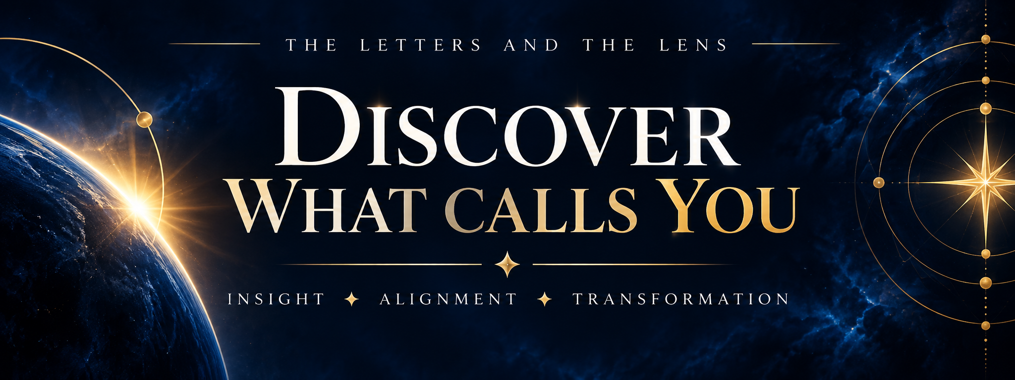 A cosmic-themed digital graphic with Earth visible on the left, glowing with sunlight, and a starry background with planetary orbits on the right. Text reads 'The Letters and the Lens', 'Discover What Calls You', and 'Insight, Alignment, Transformation'.