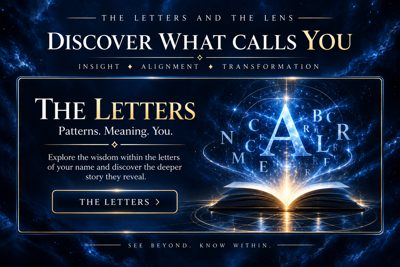 Promotional graphic for a psychic or spiritual guidance service titled 'The Letters and The Lens.' Features an open book with glowing letters and symbols swirling around it, with a dark blue cosmic background and golden accents. Includes text about discovering the meaning of the letters in your name.