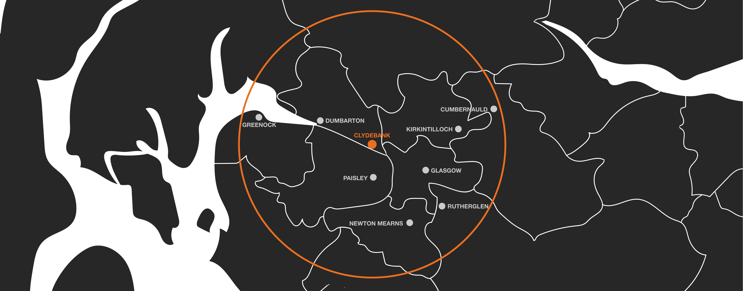 A map showing locations around Clydebank, Scotland, including Greenock, Dumbarton, Cumbernauld, Kirkintilloch, Glasgow, Rutherglen, Newton Mearns, Paisley, and other towns, with an orange circle encompassing Clydebank's area.