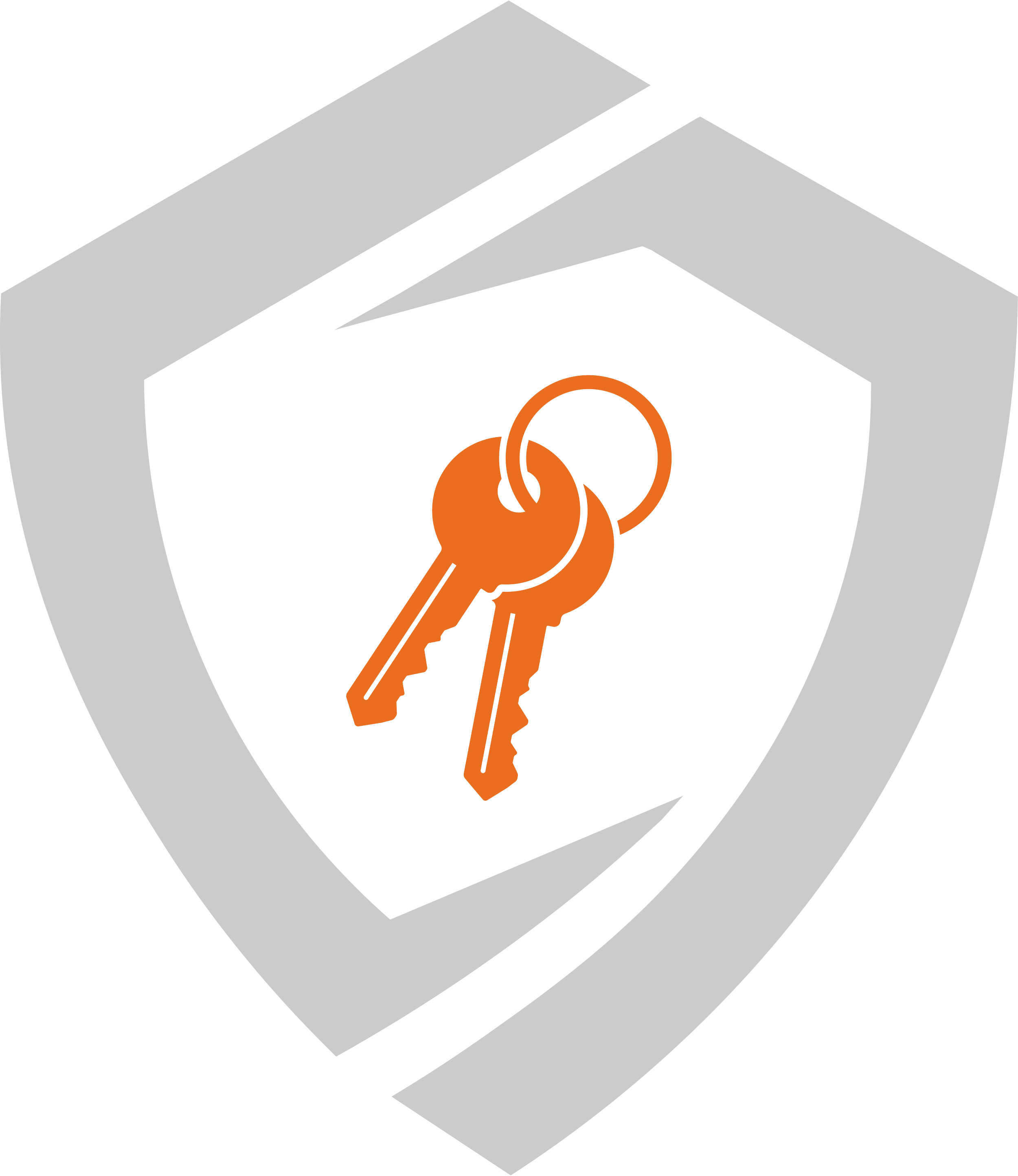 Two orange keys hanging on a keyring with a black background and a gray geometric shape behind them.