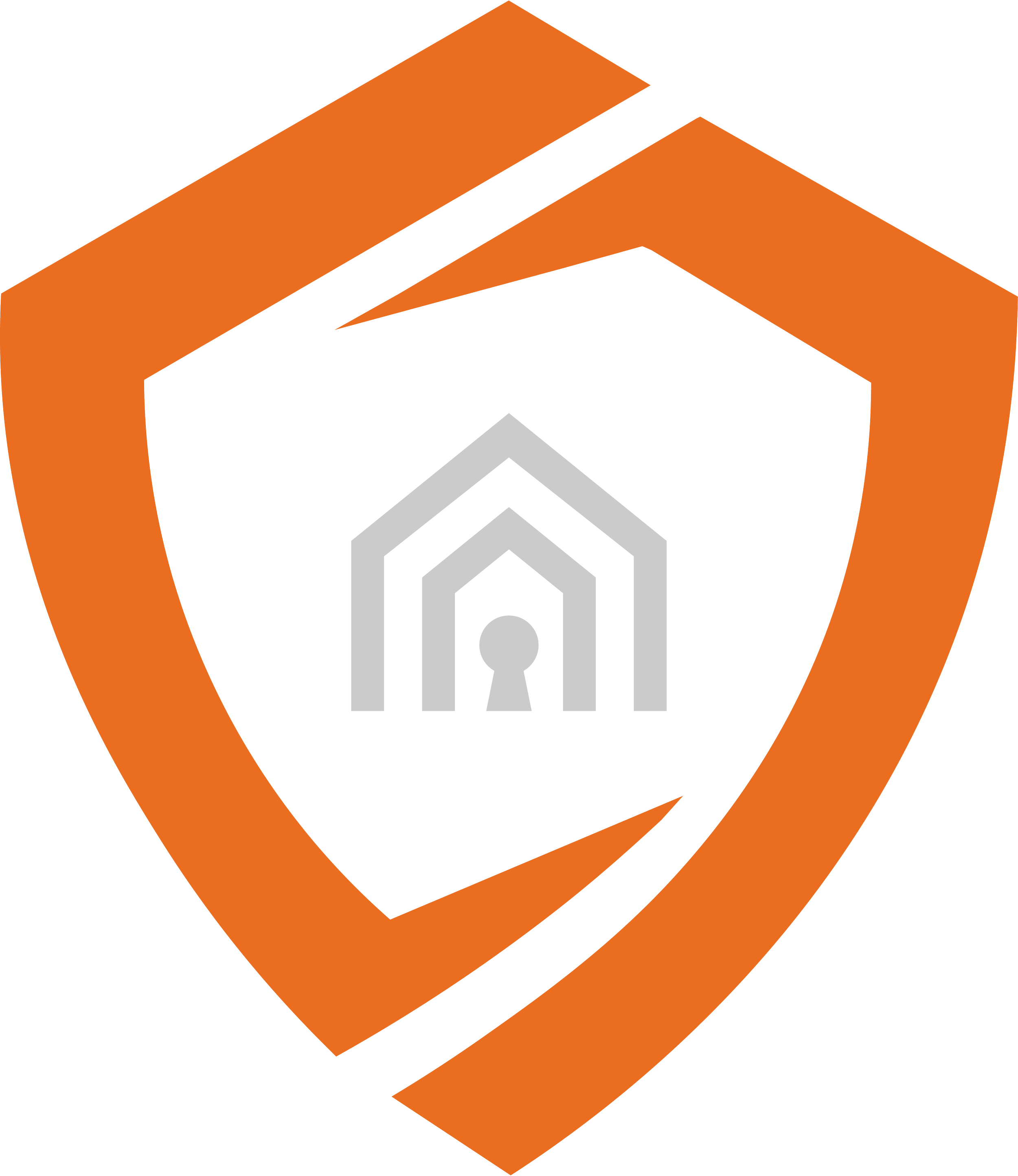 Black background with a logo featuring a white house inside an orange square outline, which is inside an orange irregular shape.