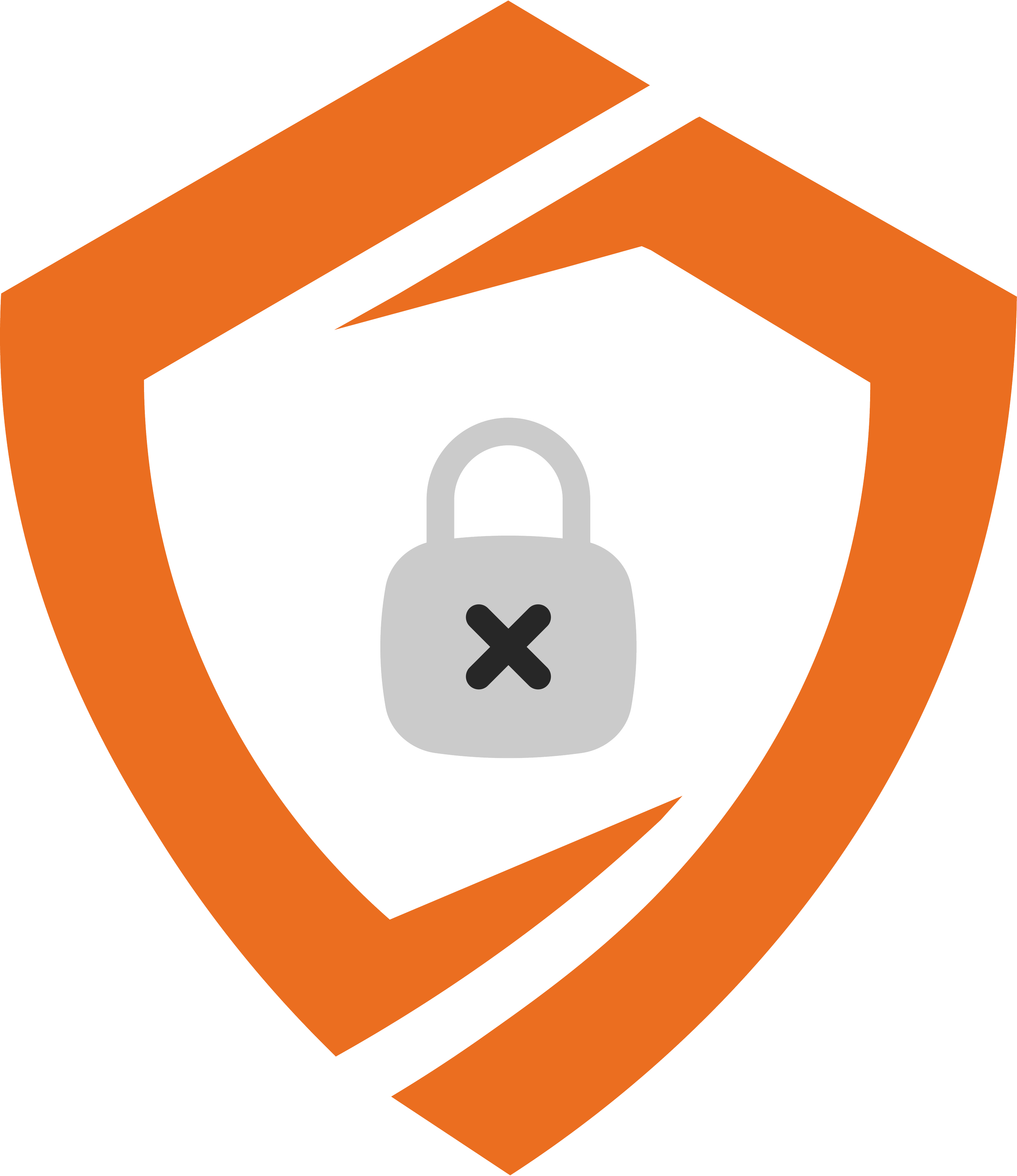 Logo with orange and black geometric shapes and a gray padlock icon with an X in the center.